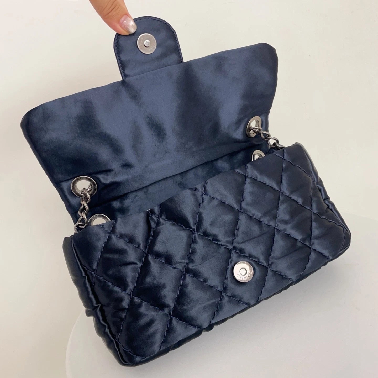 Chanel Classic Flap CF Satin Shoulder &amp; Crossbody Bag Deep Blue Classic