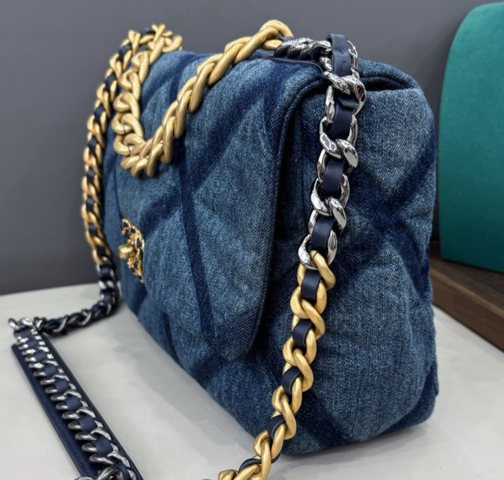 Chanel 19Bag MM Denim Chain Shoulder Bag Crossbody Blue Gold Women Classic