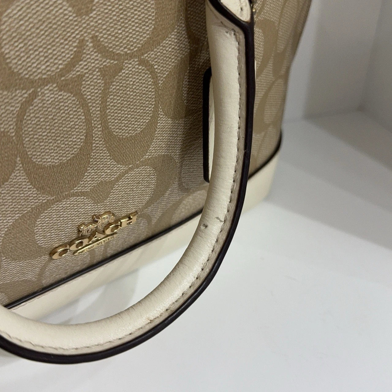 COACH Beige Monogram Canvas Shell Shoulder Handbag Crossbody Women