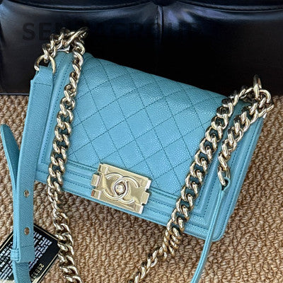 Chanel Lambskin Small Boy Bag Blue Gold Chain Crossbody Shoulder Bag