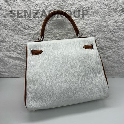 Hermes Kelly 25 White Gold Brown 6M Chaine d'Ancre Brushed Silver HW New
