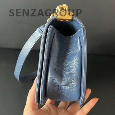 Chanel Le Boy MM Blue Gold Quilted Chain Shoulder Bag - Classic & Stylish