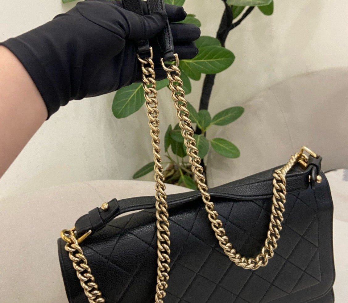 Chanel Label Click Calfskin Chain Shoulder Bag Crossbody Black Gold Women