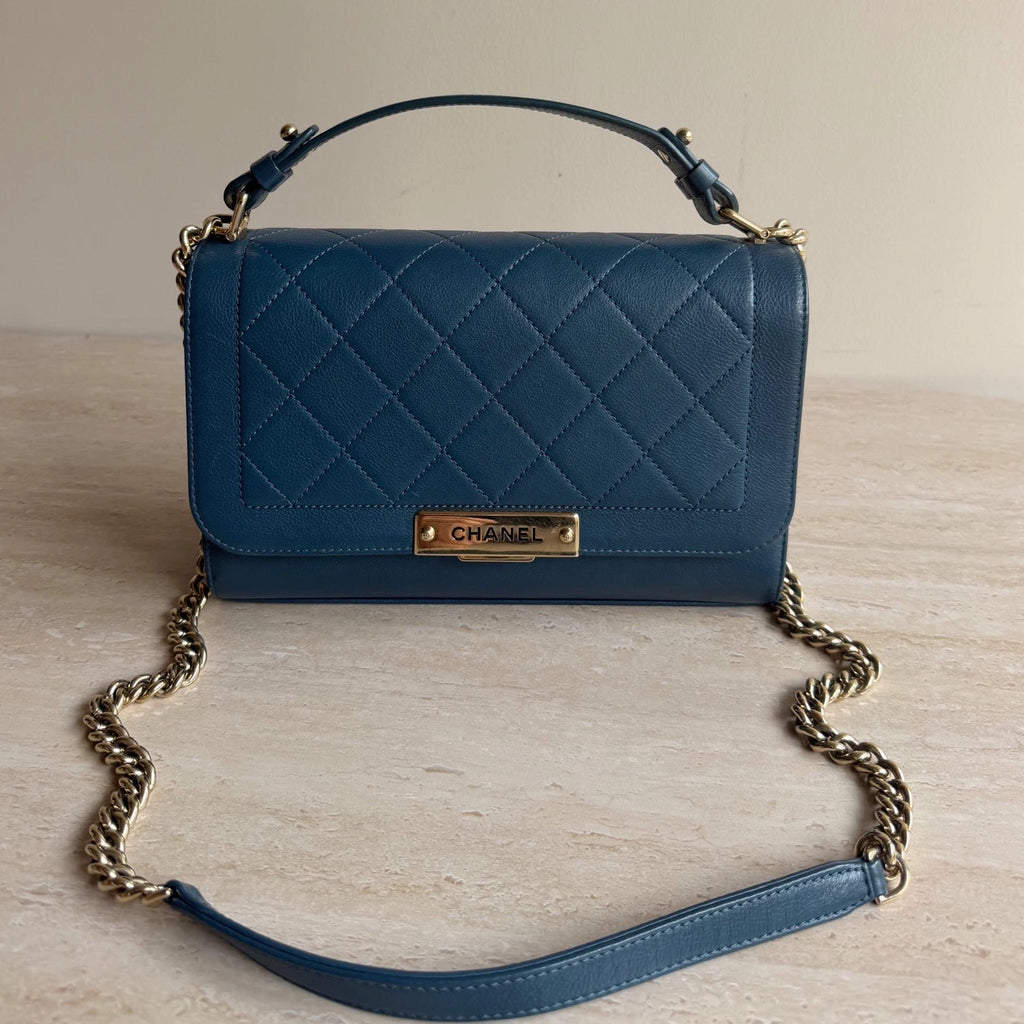 Chanel Diamond Calfskin Leather 2Way Handbag Crossbody Navy Gold Hardware