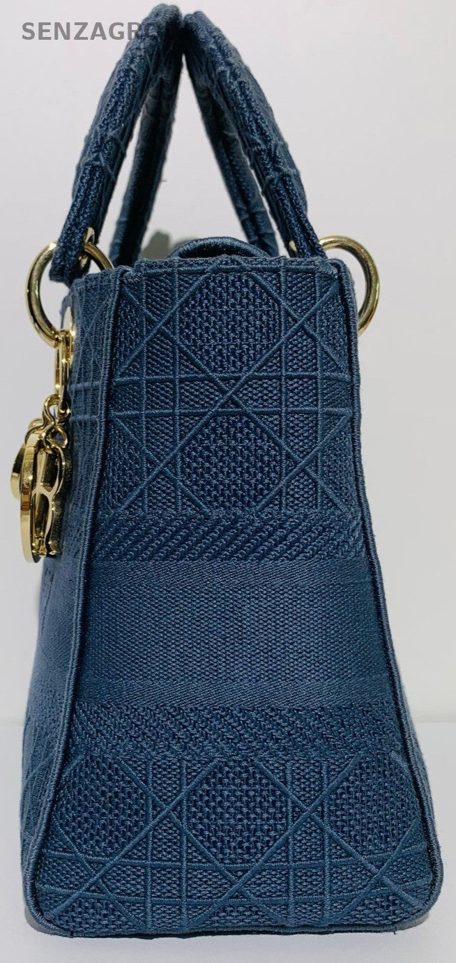 Christian Dior Lady Dior Top Handle Bag Blue Gold Used Women Classic Designer