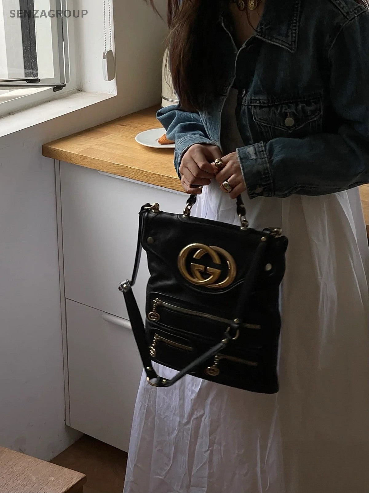 GUCCI GG Logo Top Handle 2way Shoulder Handbag Black Gold Women