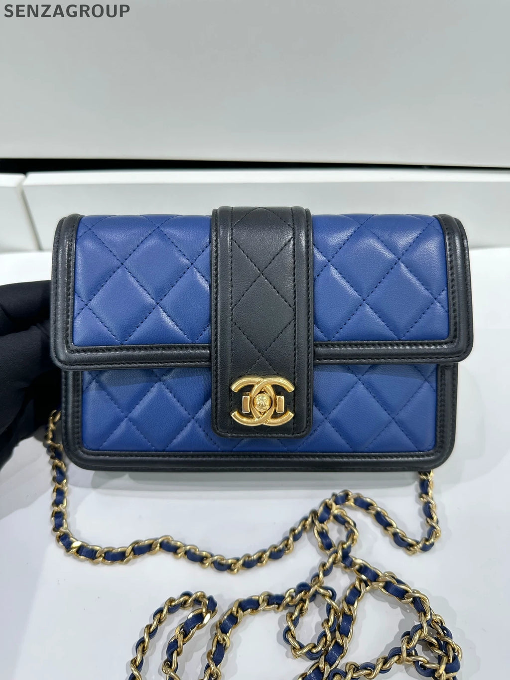 CHANEL Blue Black Colorblock Shoulder Bag Wallet For Women