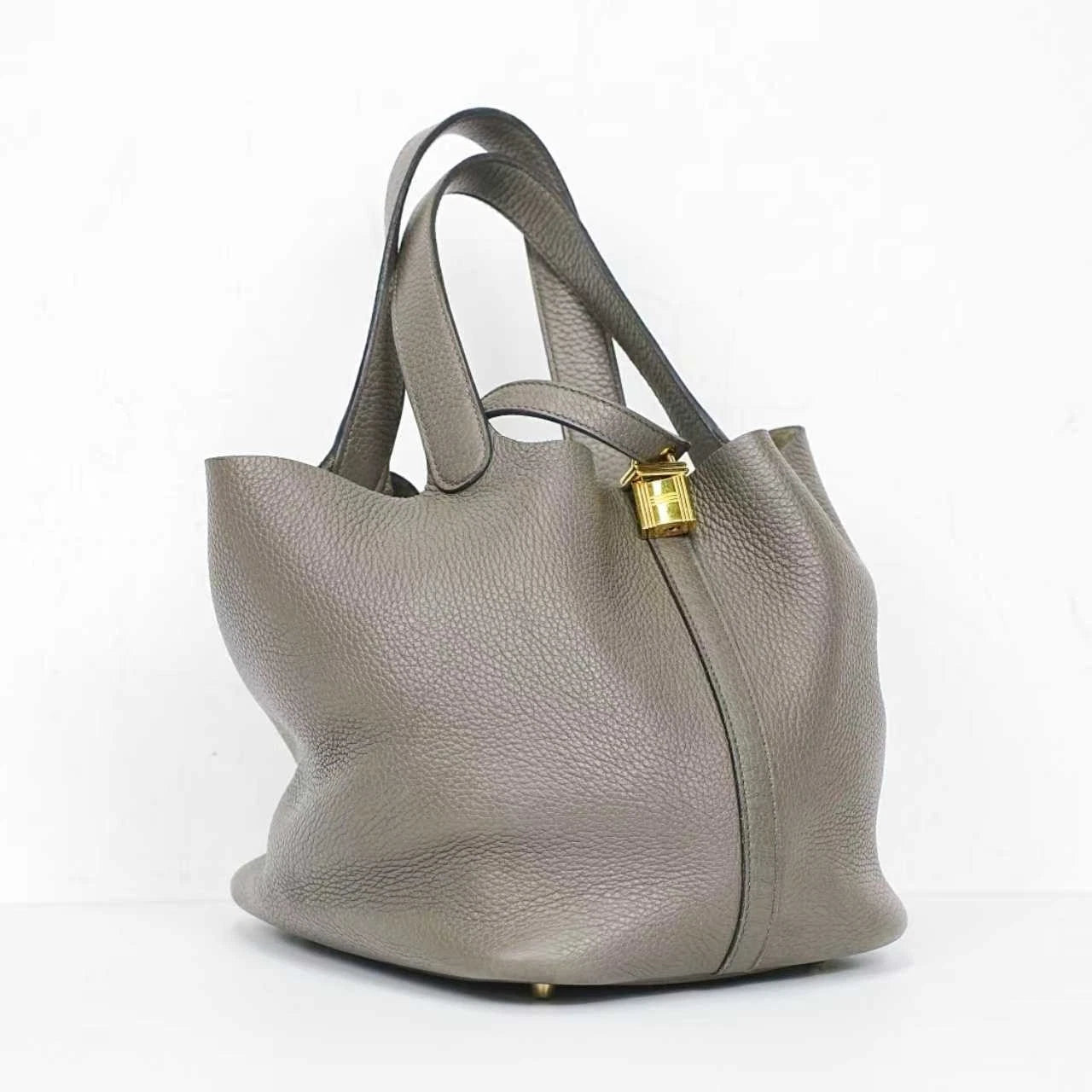 Hermes Picotin22 Gray Leather Gold Hardware Bucket Handbag Excellent