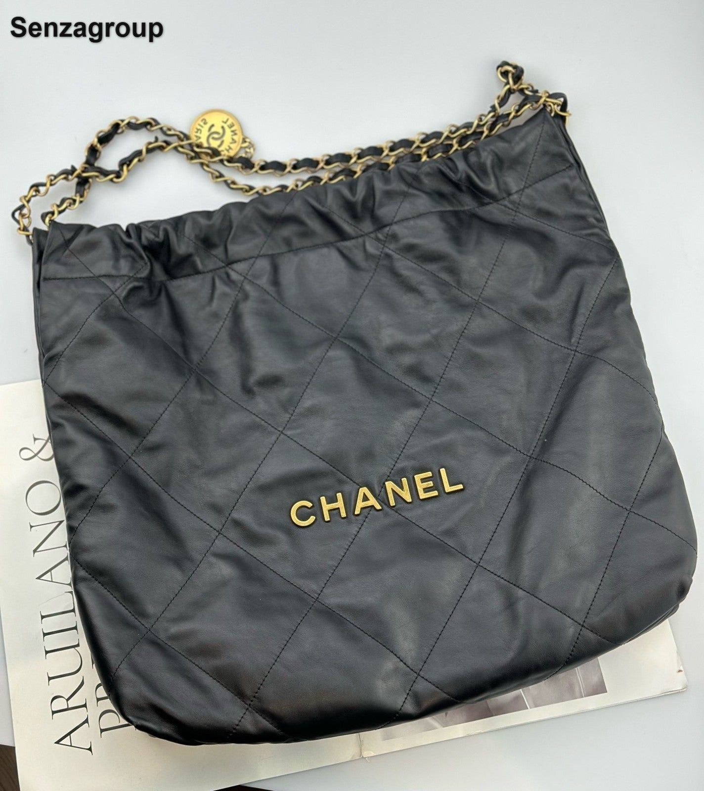 Chanel 22Bag MM Chain Shoulder Bag Crossbody Black Gold Diamond Women Classic