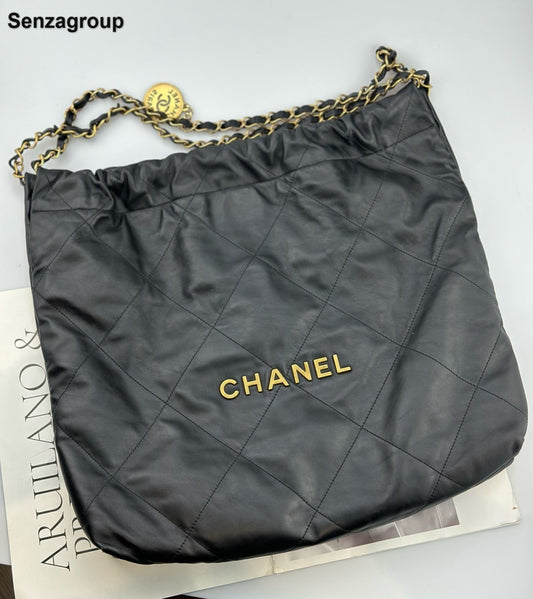 Chanel 22Bag MM Chain Shoulder Bag Crossbody Black Gold Diamond Women Classic
