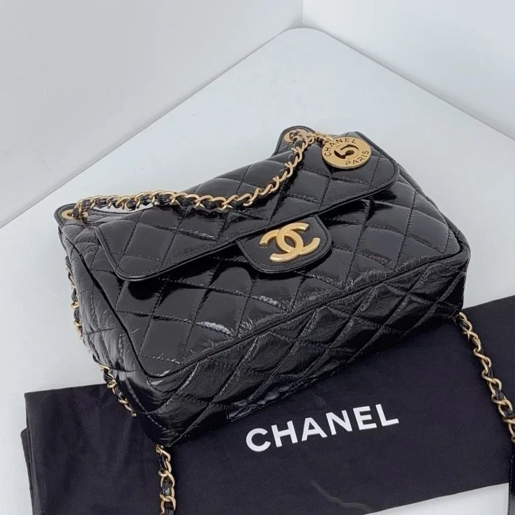 Chip Version Chanel Hobo MM Diamond Gold Chain Black Shoulder Bag Crossbody