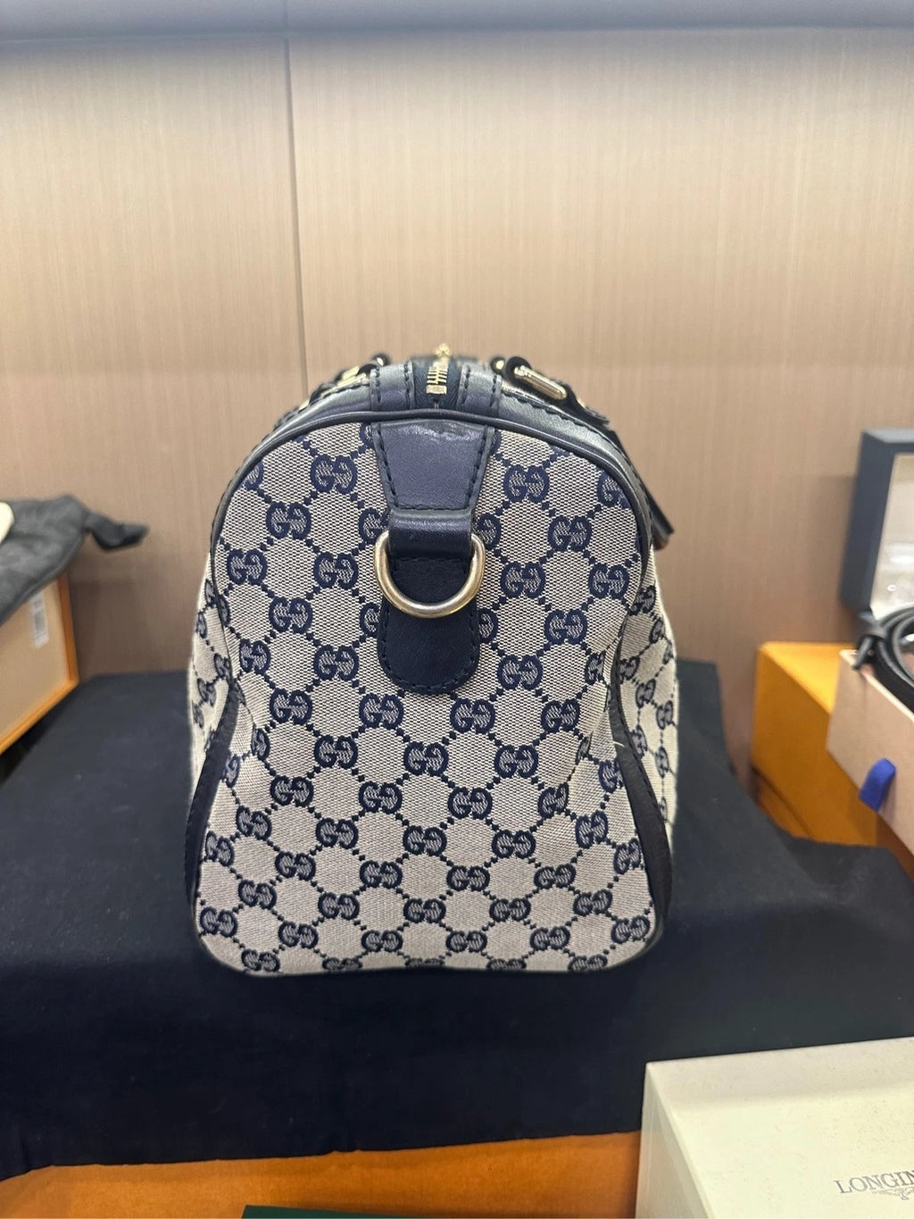 Gucci Blue Leather Canvas Boston Shoulder Crossbody Bag For Women