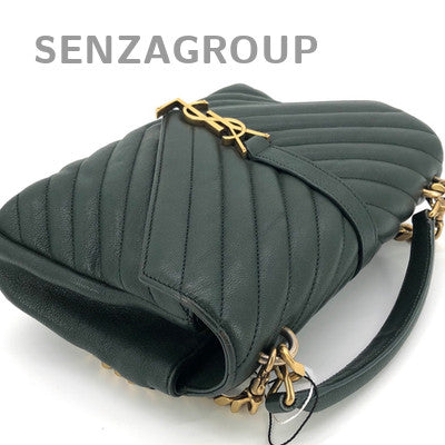YSL Saint Laurent College Green Gold Hardware V-Stitch Tote Shoulder Bag