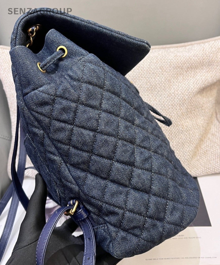 Chanel Denim Salzburg Backpack Blue Gold Women Classic Fashion Diamond