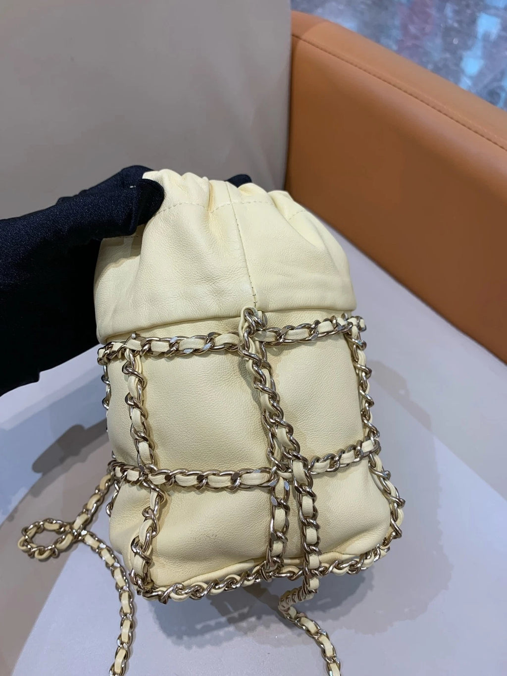 CHANEL Women Yellow Drawstring Bucket Chain Crossbody Bag