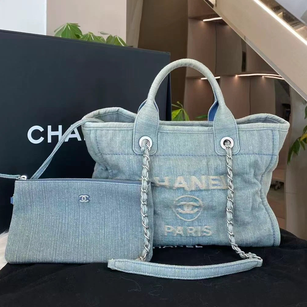 Chanel Denim Medium Chain Tote Shoulder Bag Blue Silver Classic Women