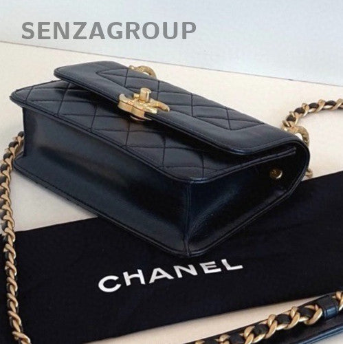 Chanel Classic Flap PM Calfskin Chain Shoulder Bag Crossbody Black Gold Women