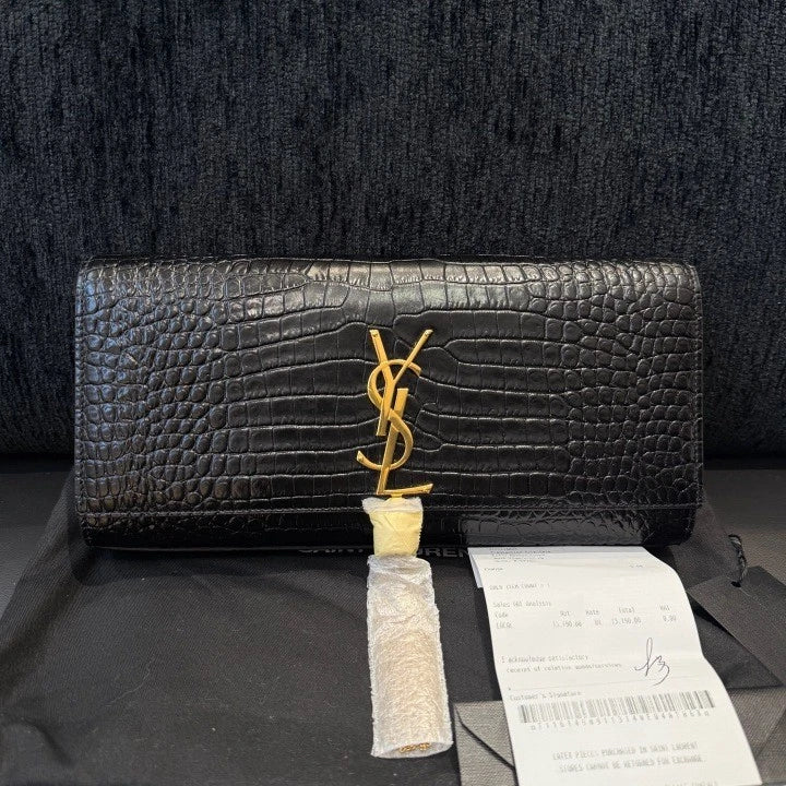 Saint Laurent Kate Calfskin Tassel Clutch Black Gold Used Women Classic D