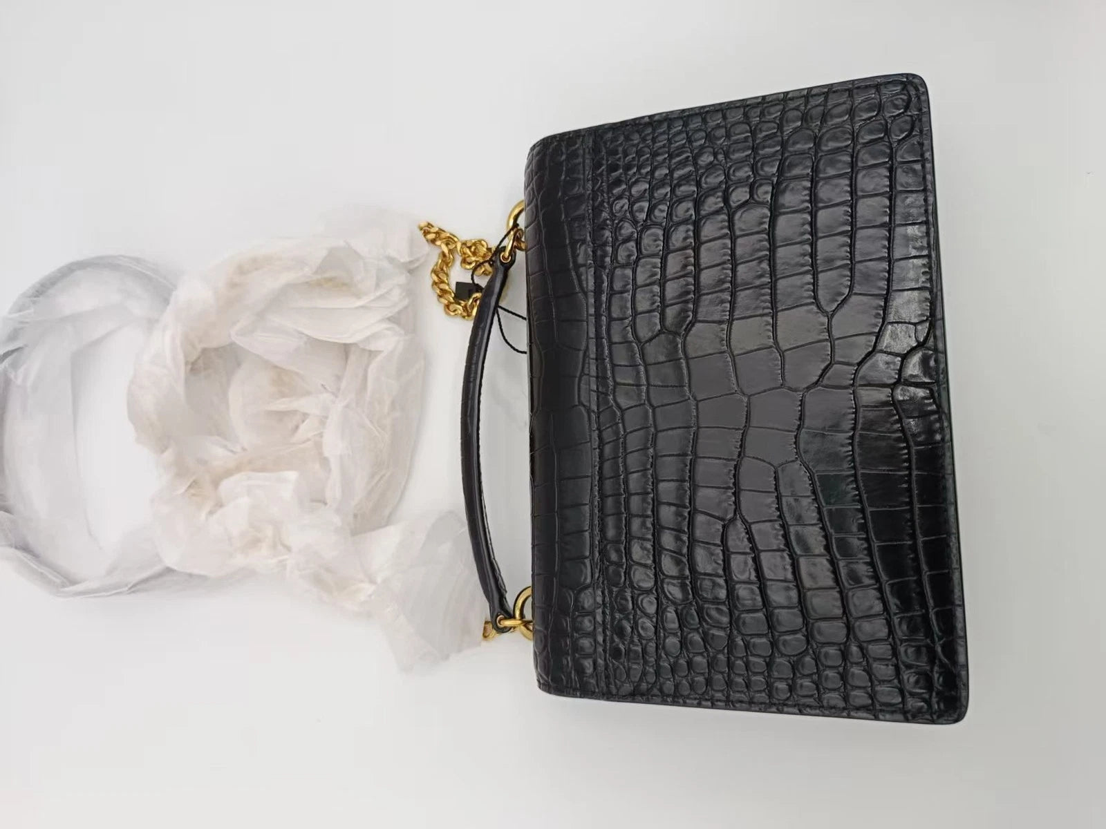 Saint Laurent Croc Embossed Calfskin Gold Logo Chain Wallet For Women