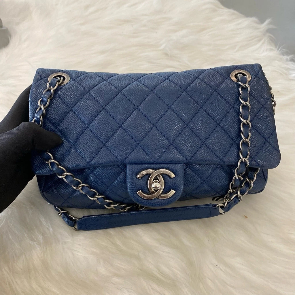 Chanel Classic Flap Chain Shoulder Crossbody Bag Blue Silver