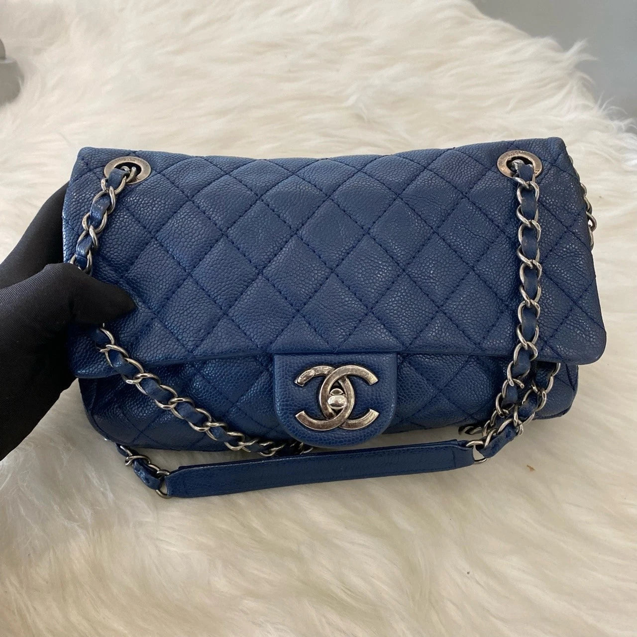 Chanel Classic Flap Chain Shoulder Crossbody Bag Blue Silver