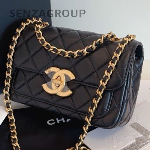 Chanel 24B Diamond Chain Shoulder Bag Crossbody Black Gold Women Classic