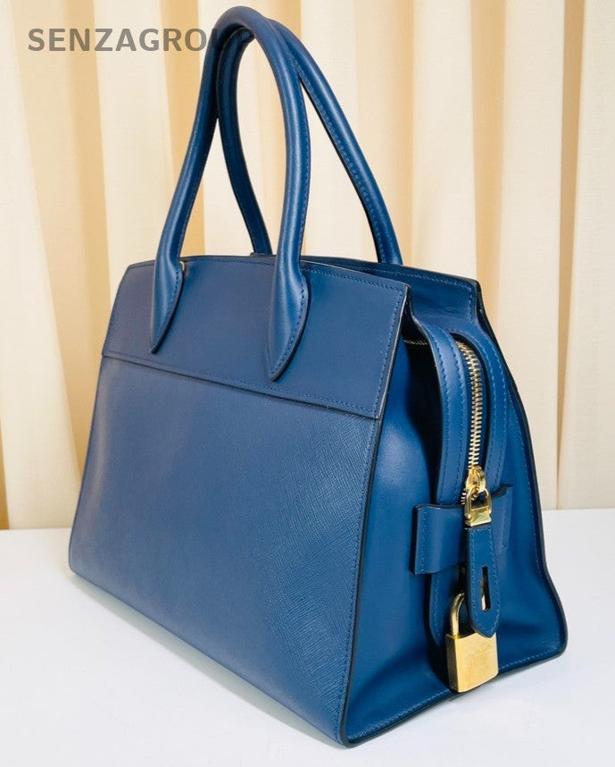 PRADA Saffiano Top Handle 2way Shoulder Handbag Women Blue Gold