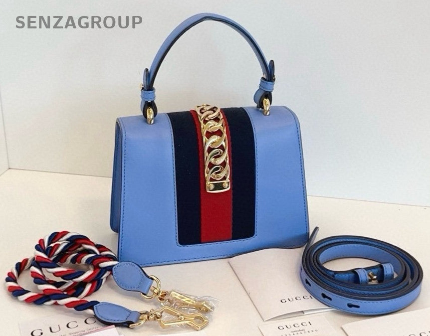 GUCCI Sylvie Small sky blue Top Handle 2WAY Shoulder bag Crossbody Leather WOMEN