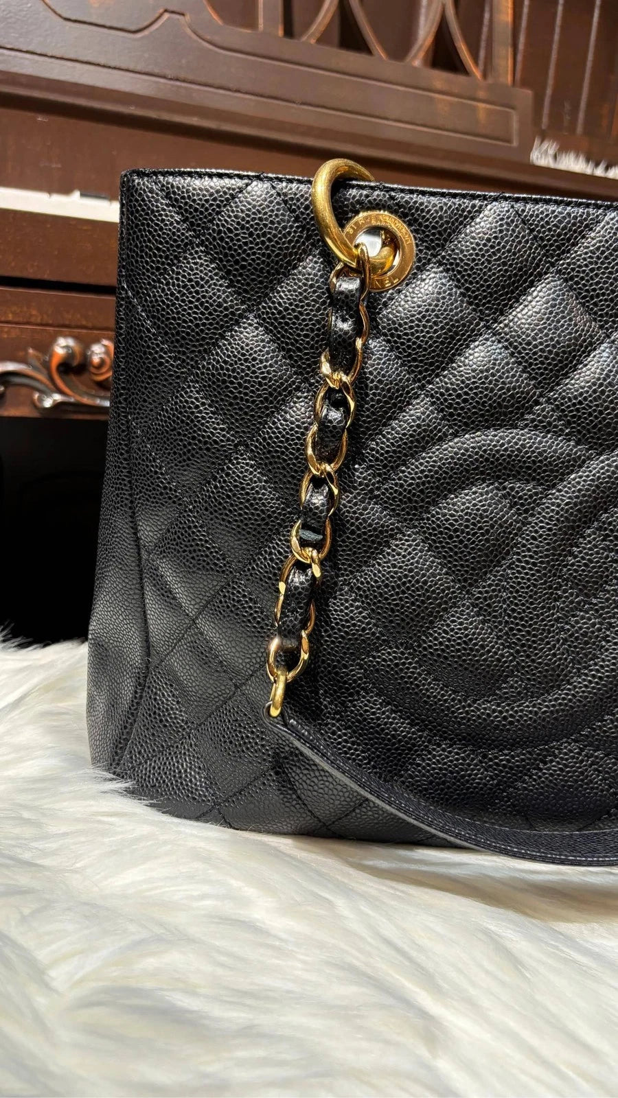 CHANEL GST Black Gold Leather Shoulder Handbag Tote For Women