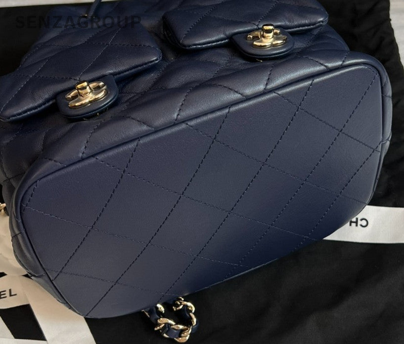 Chanel 23B Calfskin Chain Backpack Blue Gold Diamond Used Women Classic Fashion