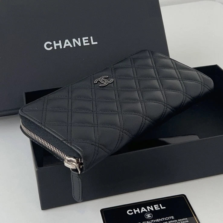 Authentic Chanel Diamond Silver Zipper Black Long Wallet Clutch
