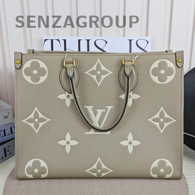 Louis Vuitton OnThego MM Grey Gold Leather Tote Bag Women's Classic Fashion