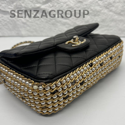 Chanel Classic Flap Mini Pearl Chain Black Gold Shoulder Crossbody Bag