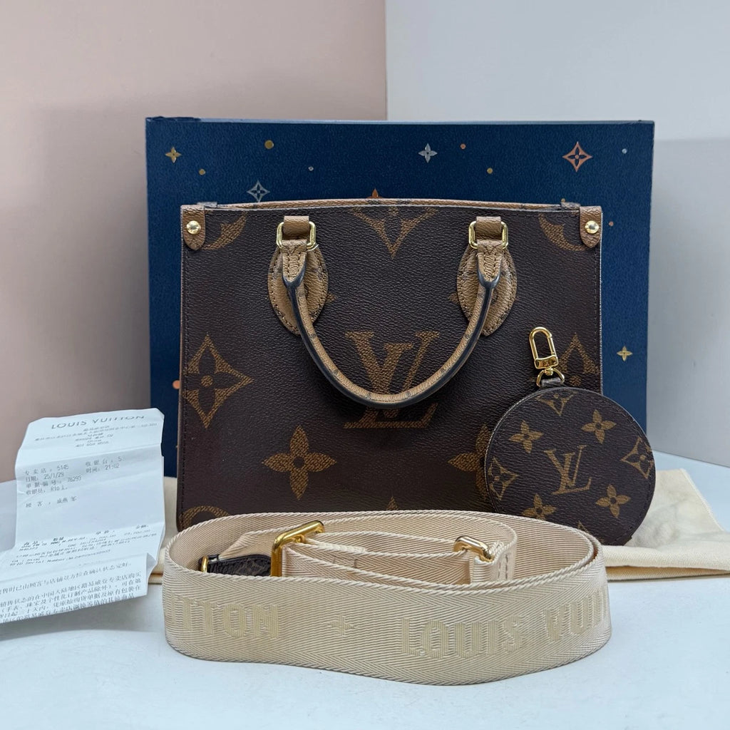 Louis Vuitton Onthego PM Monogram Tote Top Handle Shoulder Bag Brown Gold Women