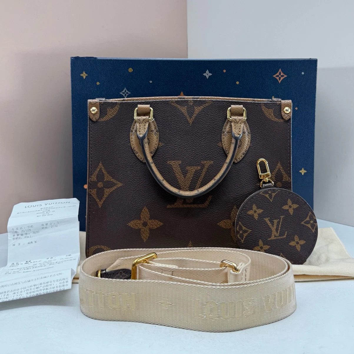 Louis Vuitton Onthego PM Monogram Tote Top Handle Shoulder Bag Brown Gold Women