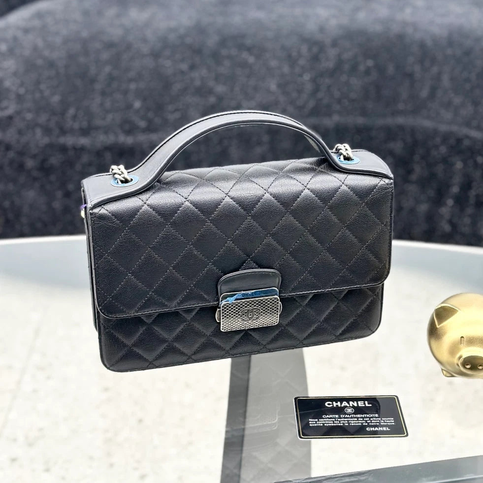 New Chanel Handle Box Bag Black Goatskin Top Handle Bag Silver Hardware