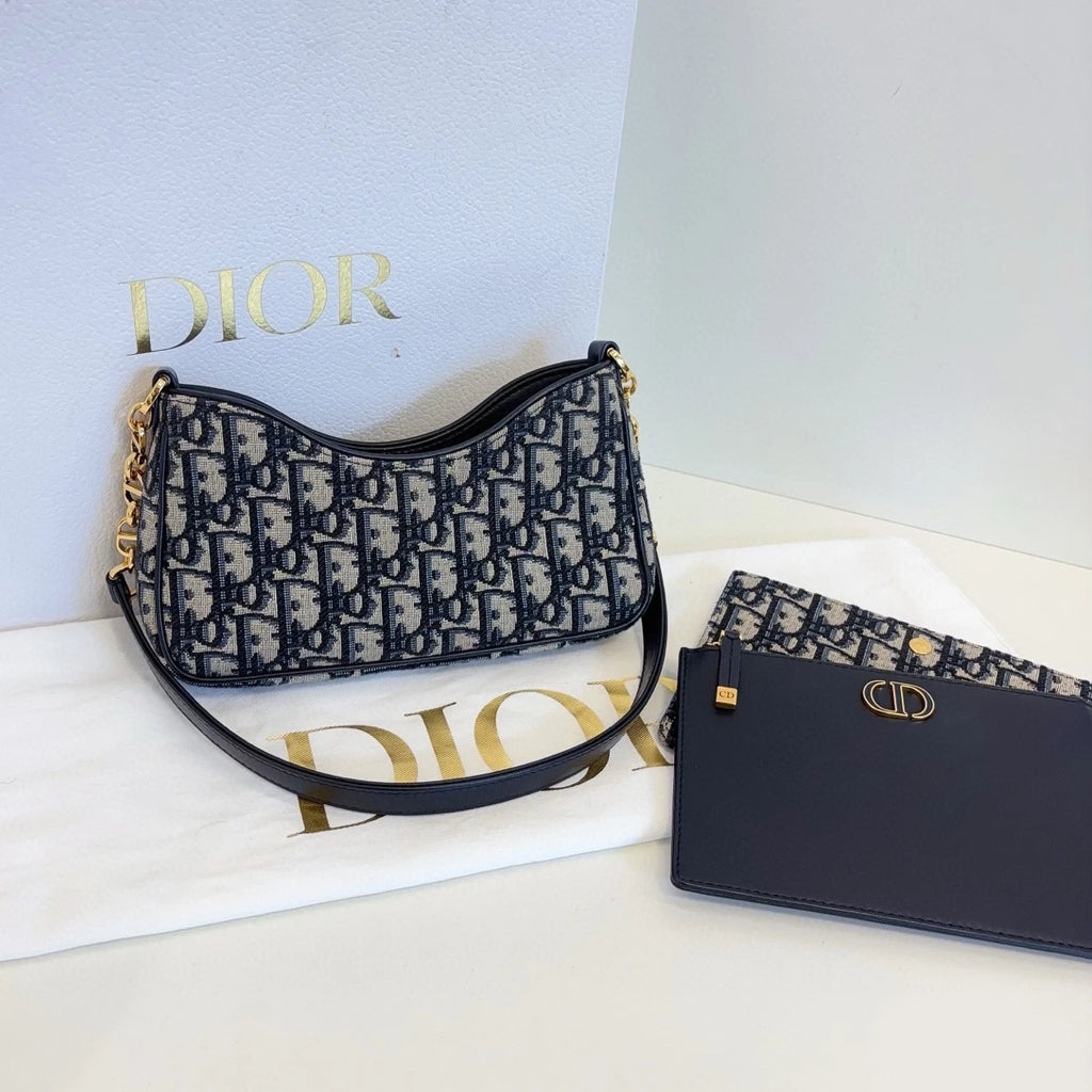 Christian Dior Hobo Avenue Canvas Shoulder Bag Blue Gold Used Women Classic