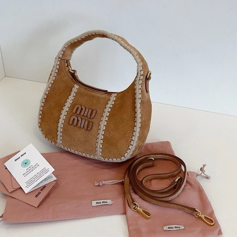 Miu Miu Wander Suede Top Handle Shoulder Bag Brown Gold Women Classic