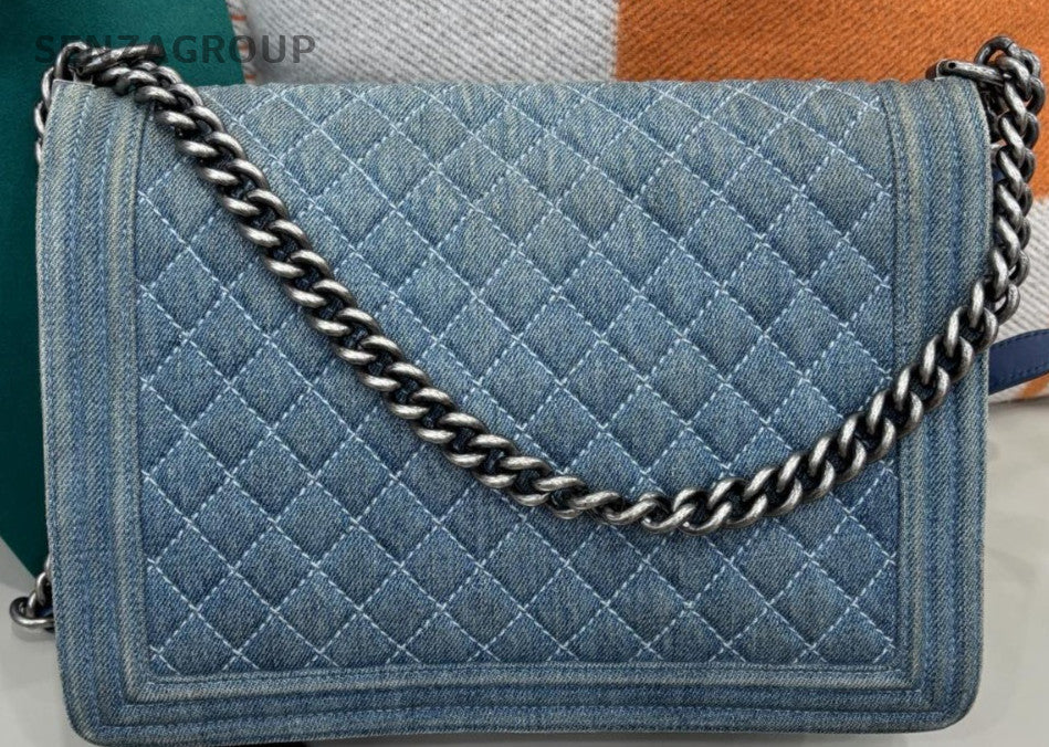 Chanel Leboy Maxi Chain Shoulder Bag Blue Silver Used Women Designer Classic