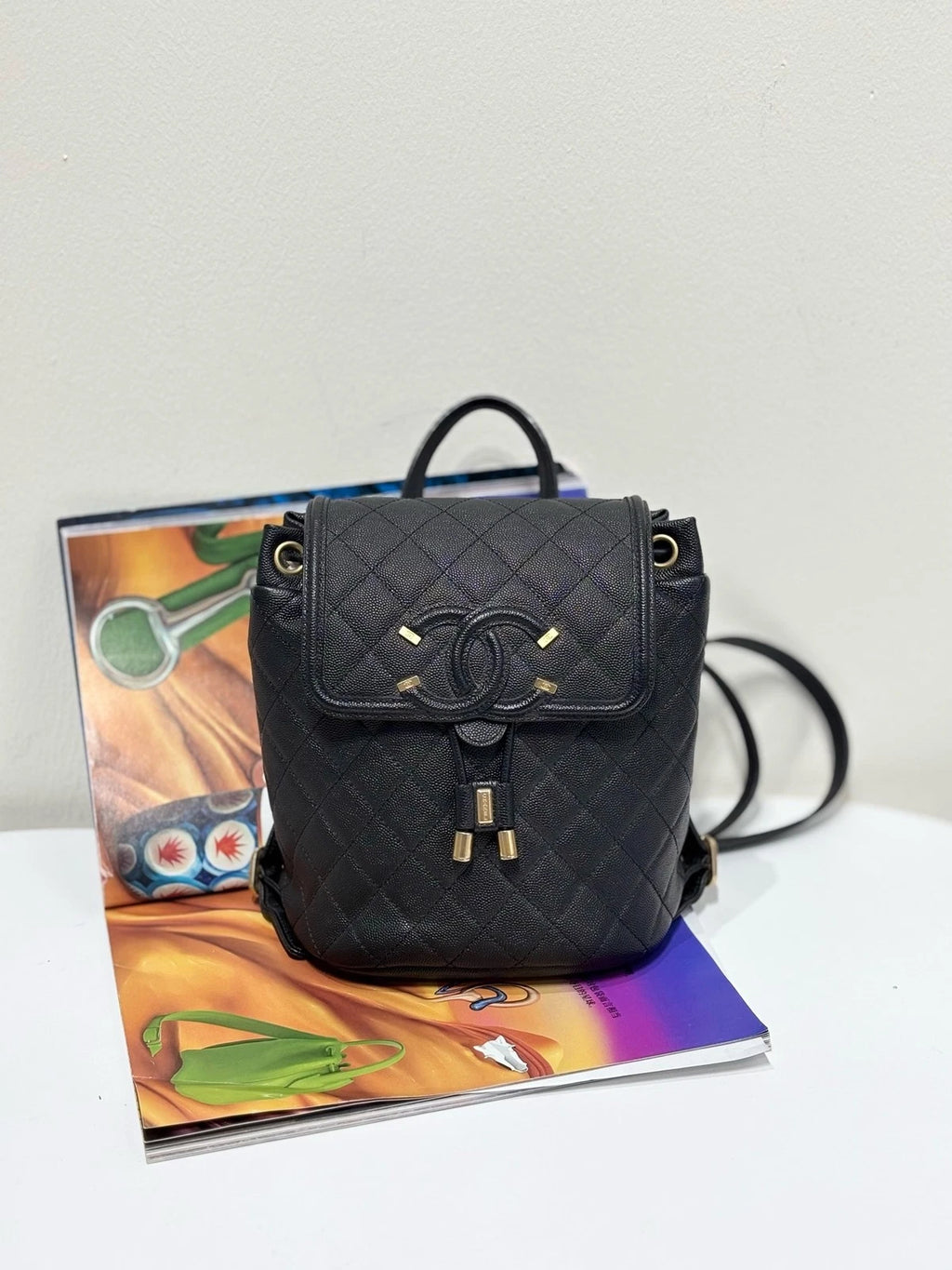 CHANEL Black Gold Calfskin Vanity Case Backpack For Women