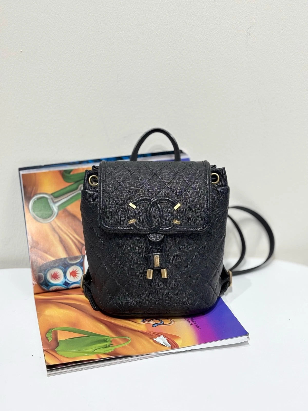 CHANEL Black Gold Calfskin Vanity Case Backpack For Women