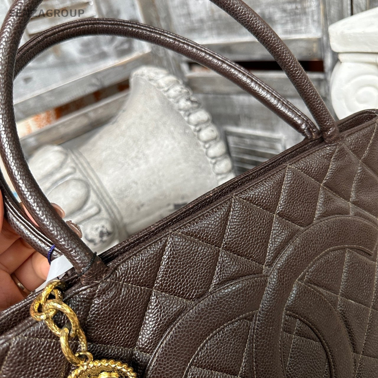 Chanel Paris-New York Flap Vintage Handbag Top Handle Bag Brown Gold Used Women