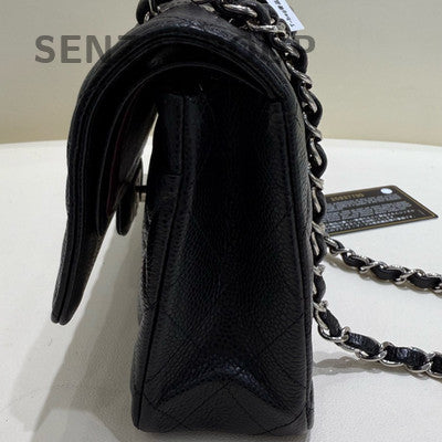 Chanel CF Black Silver Medium Chain Shoulder Bag Quilted Pattern Women Fashion
