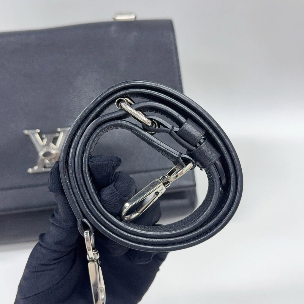Louis Vuitton Lock Me MM Calfskin Top Handle Crossbody Black Silver Women