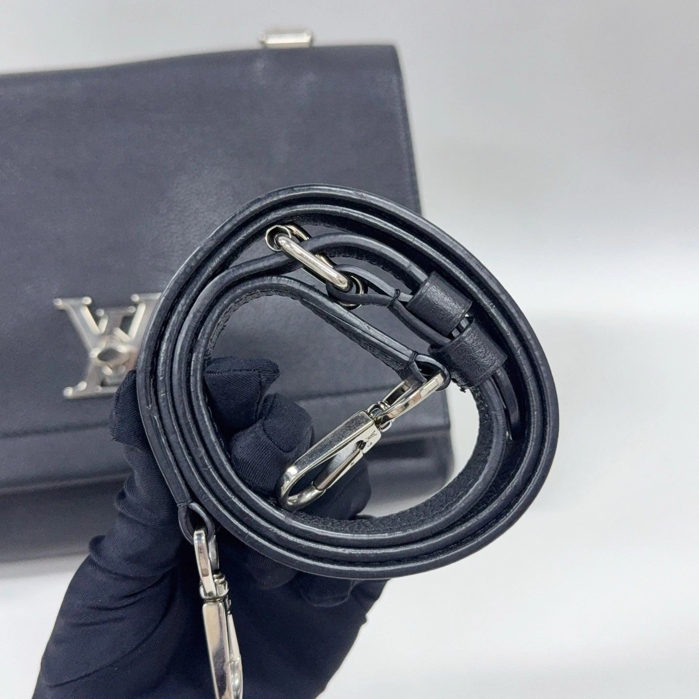Louis Vuitton Lock Me MM Calfskin Top Handle Crossbody Black Silver Women