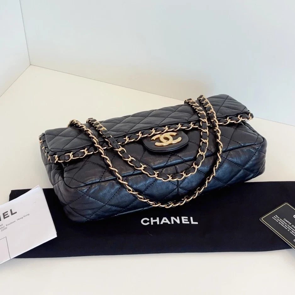 Chanel Classic Flap Jumbo Calfskin Chain Shoulder Crossbody Black Gold Women