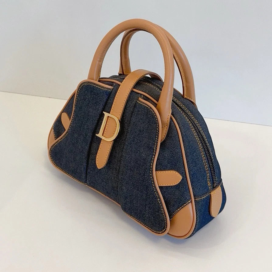 Christian Dior Denim Bowling Bag Top Handle Bag Blue Brown Women Fashion