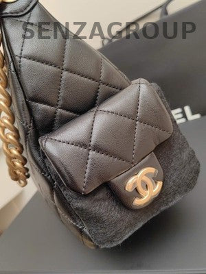 Chanel Quilted Black Gold Hobo Chain Shoulder Bag Small