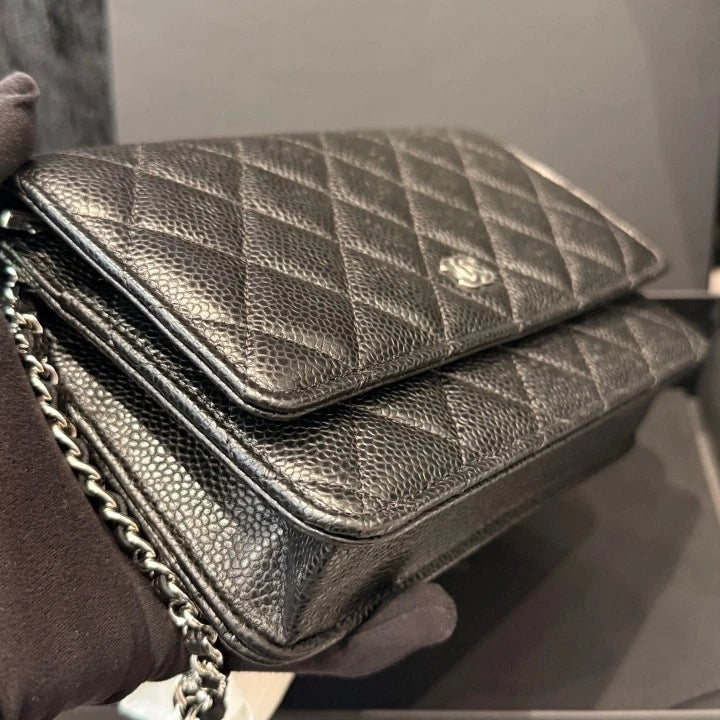 Chanel Woc Chain Calfskin Shoulder Crossbody Bag Black Silver Women D