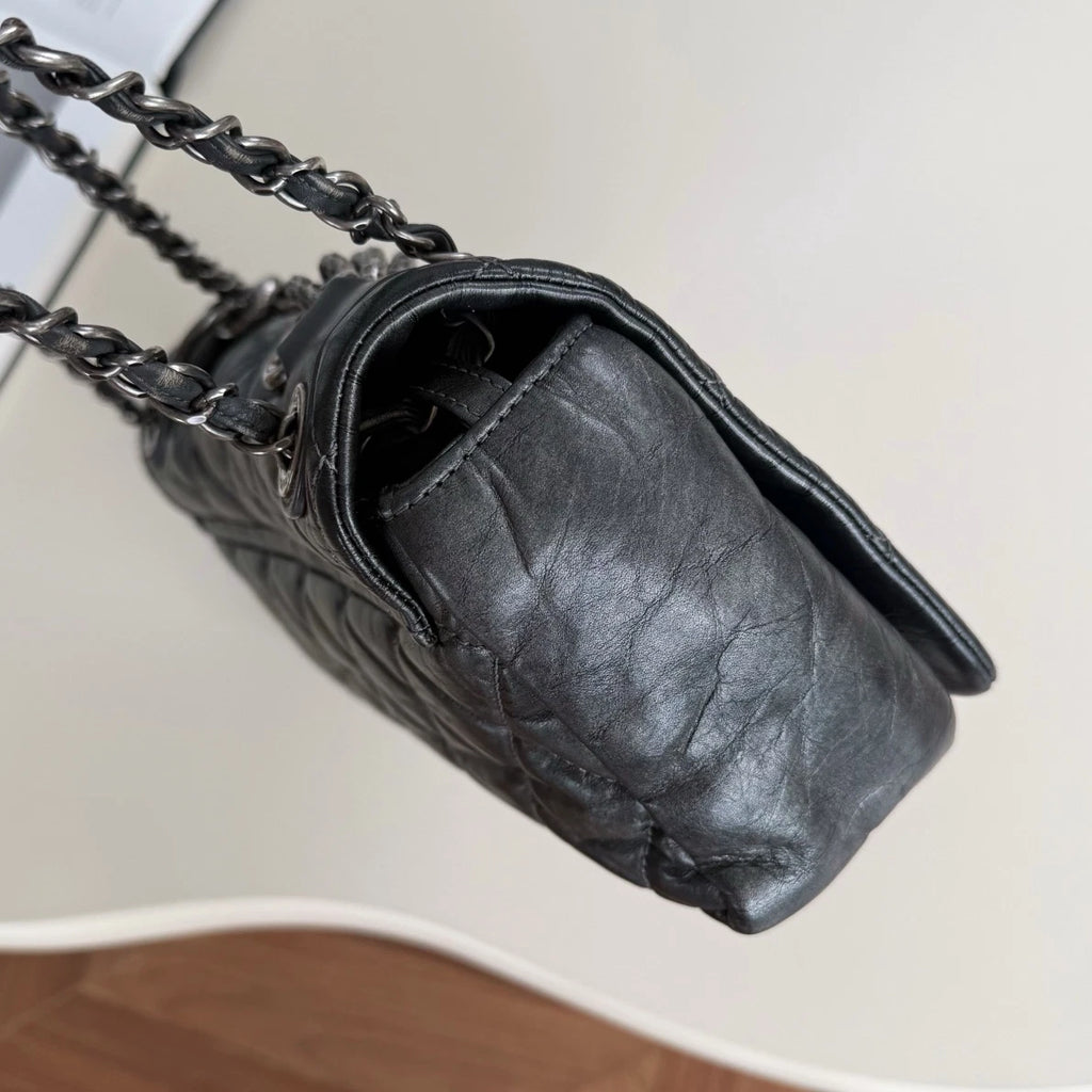 Chanel Calfskin Diamond Silver Chain Shoulder Bag Crossbody Gray